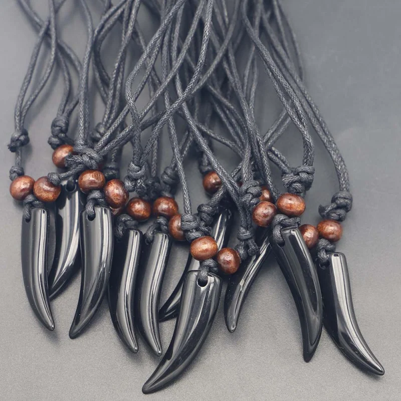 Hot Sale Black Imitation Ox Bone Resin Horn Pendant Cotton String Necklace 10pc set