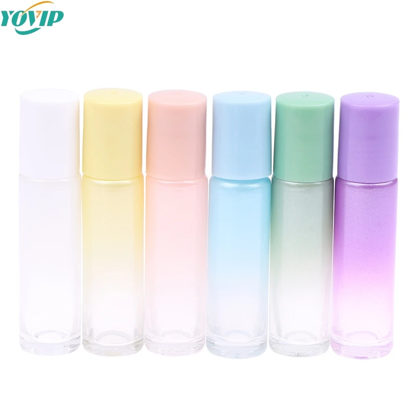 1Pc 10ml Gradient Color Essential Oil Perfume Bottle Roller Ball Thick Glass Roll On Durable For Travel Cosmetic Container