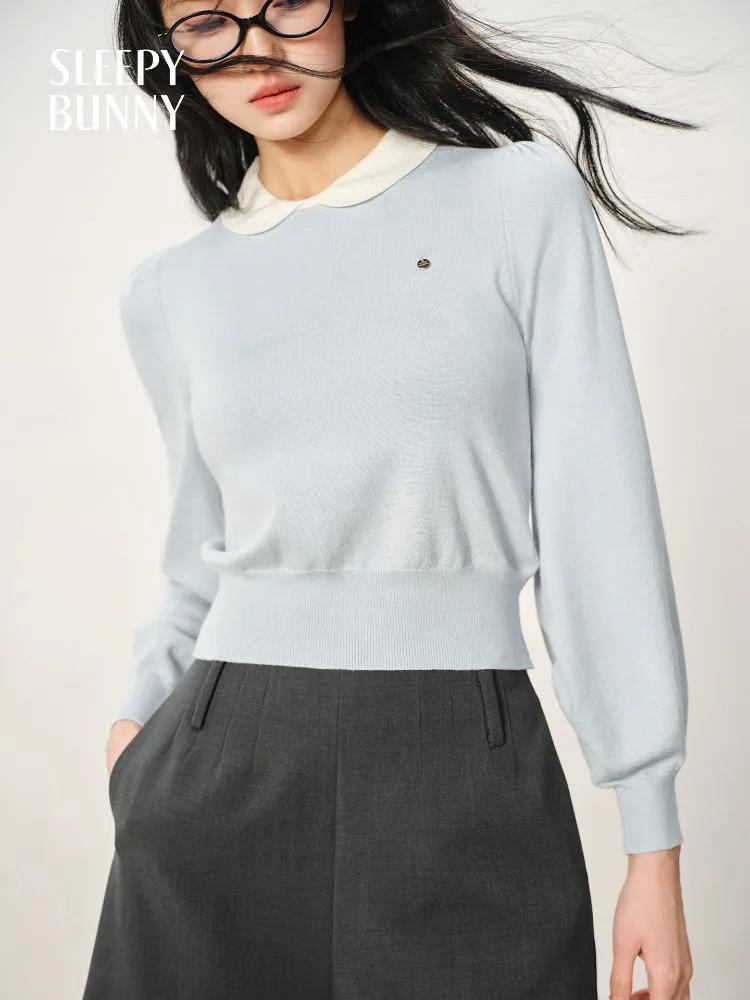 Sweet Knit Pullover with Peter Pan Collar Early Autumn Lantern Sleeve Sweater Women Vintage Style Slim Fit Two-Piece Look Top