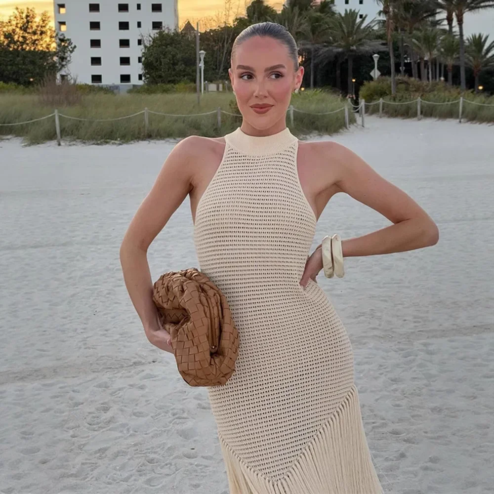 Moda feminina em camadas borla oco malha maxi vestido o pescoço sem mangas bodycon férias praia longo robe alta estiramento vestidos