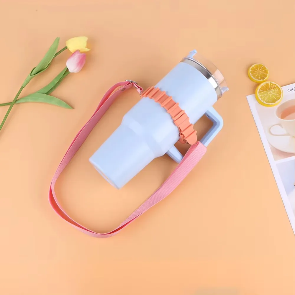 Silicone Ring Water Bottle Sling Handle Hands Free Universal Thermos Cup Holder with Adjustable Shoulder Strap
