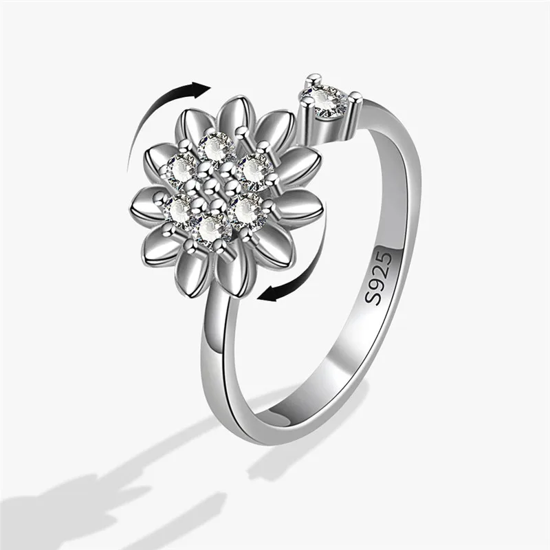 Rotating Anxiety Crystal Flower Spinner Ring Anti Fidget Open Knuckle Jewelry Ladies Wedding Rings Gift Relax Stress Accessories