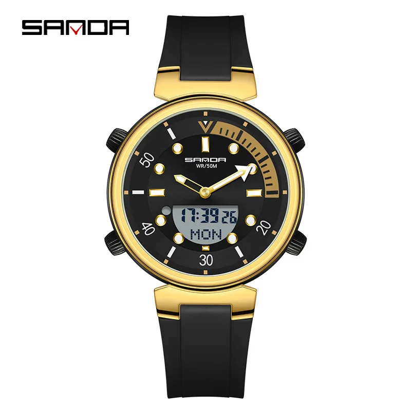 SANDA 2025 New Dual Display Watch for Men and Women with Electronic and Quartz Movement, 50m Waterproof Luminous Student Watch