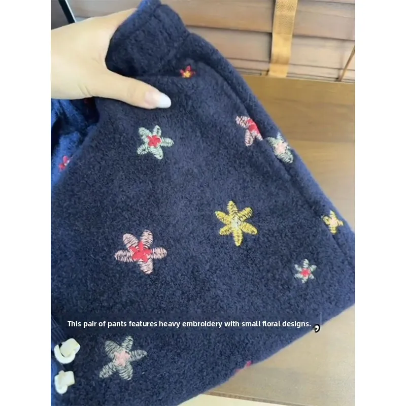 Spring New Style Women's Casual Warmth Embroidered Floral Sweatpants High Waist Wide Leg Pants Korean Version Commute Pants