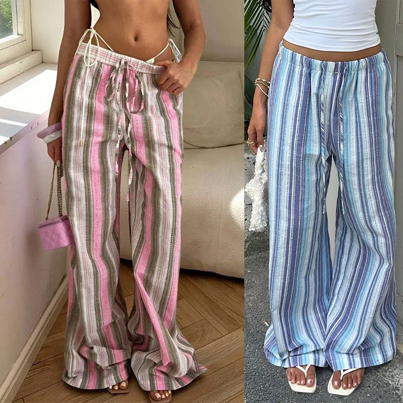 Hot Cross Border Fashion Loose Striped Drawstring Elastic Waist Casual Vacation Versatile Floor-length Wide Leg Pants Women
