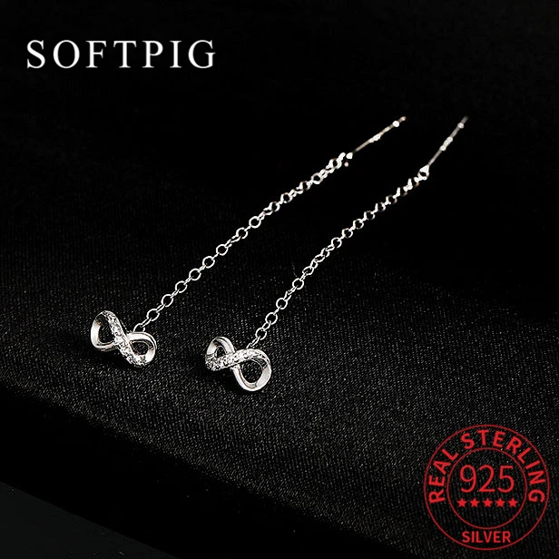 SOFTPIG Real 925 Sterling Silver Zircon Number Infinite Chain Tassel Stud Earrings For Women Trendy Fine Jewelry Minimalist Gift