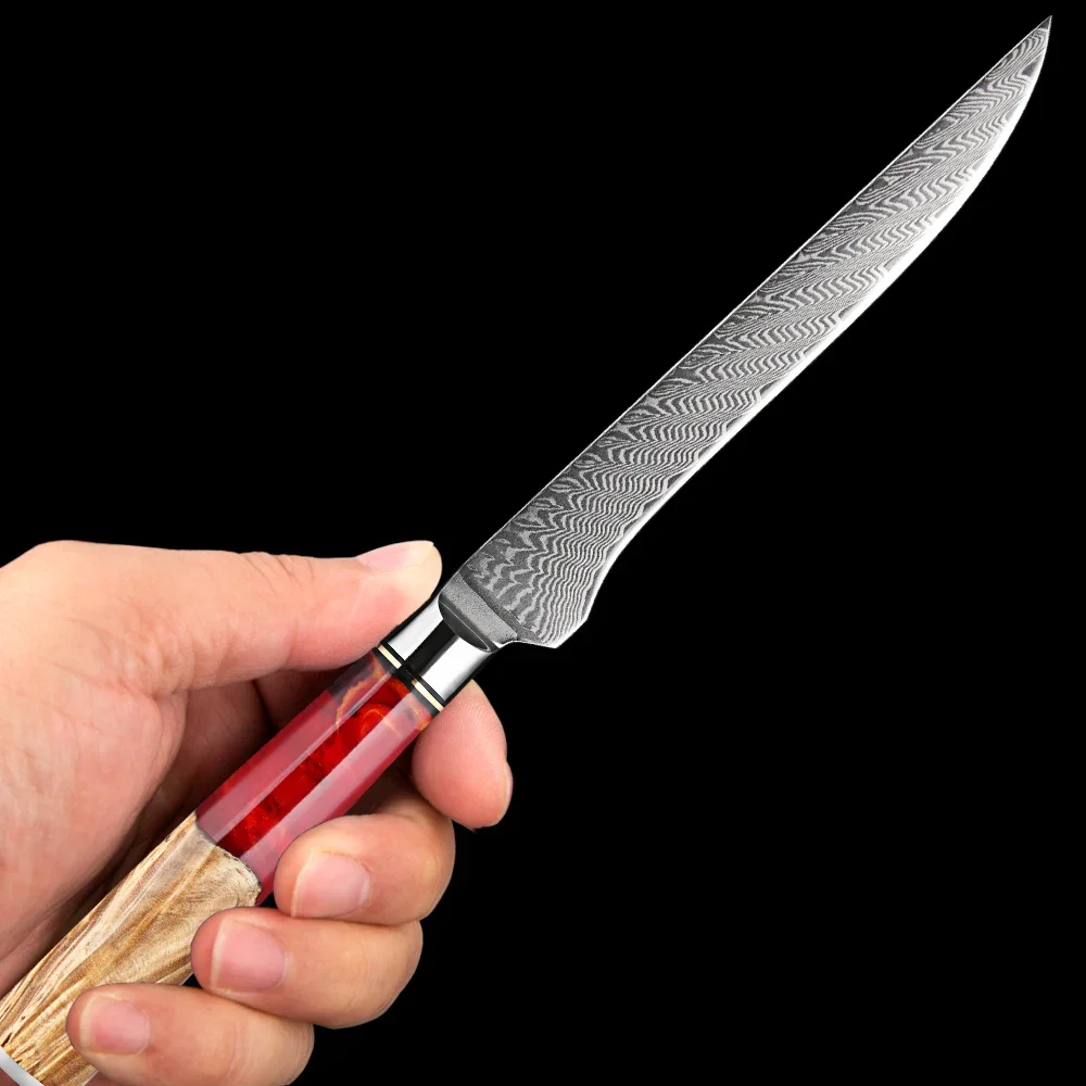 

Professional 6 Inch Boning Knife Japanese 67 Layer Damascus Steel Kitchen Deboing Knife Fish Fillet Knife Red Resin Wood Handle