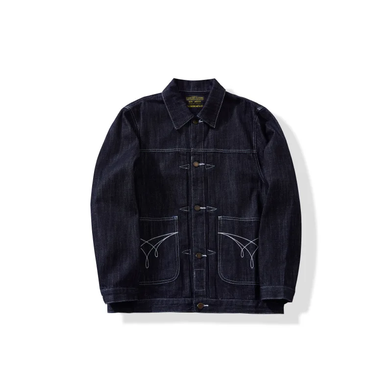 Amekaji Raw Slub Denim Jacket for Men- American Vintage Casual 100% Cotton Embroidery Washed & Distressed Jean Jacket OKONKWO