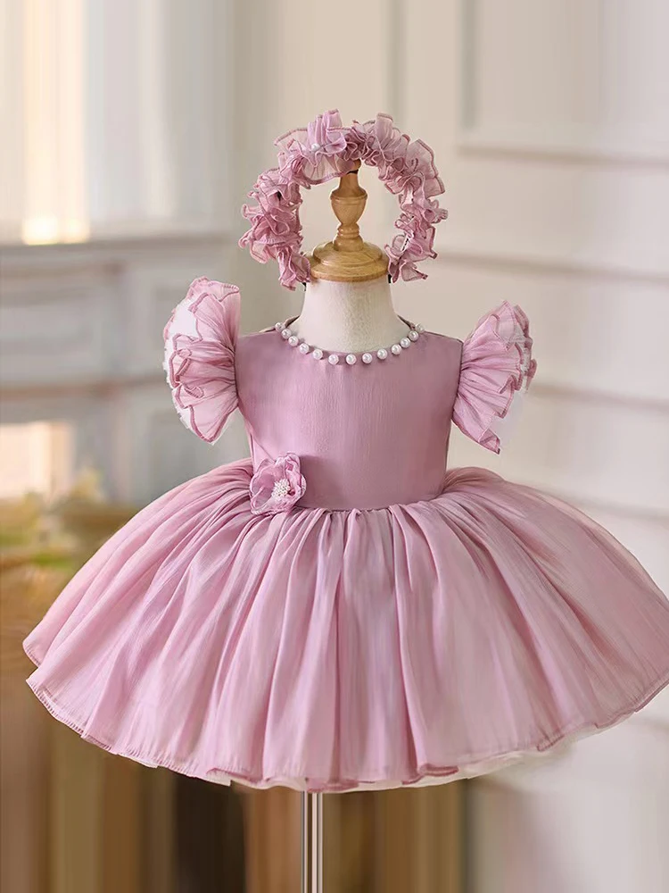 Baby One Year Old Dress 2026 New Soft Satin Flying Sleeve Princess Dress Little Girl Birthday Dress Tutu Dress 7 to 8 Years Old