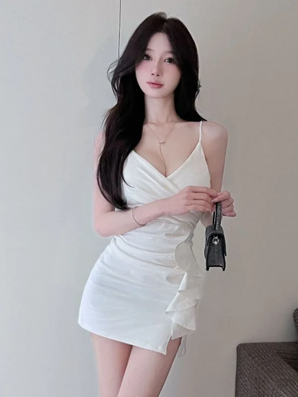 Dresssexy vestido de camisola de corte baixo emagrecimento fino ajuste elástico envoltório em torno das nádegas babados borda cintura vestidos curtos elegante