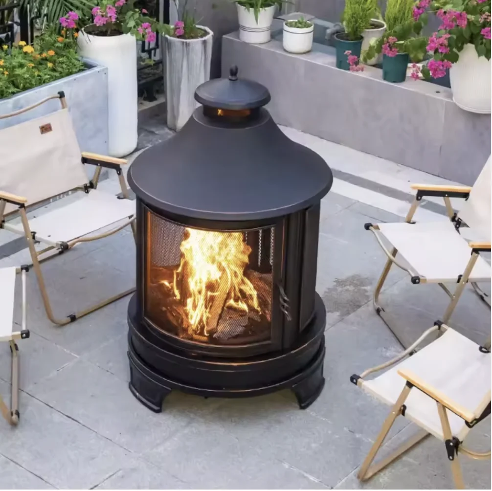 Outdoor Cast Iron Charcoal & Wood Burning Stove with Rain Cover Heating Switchable Chimney for Courtyard Patio Garden Terrace