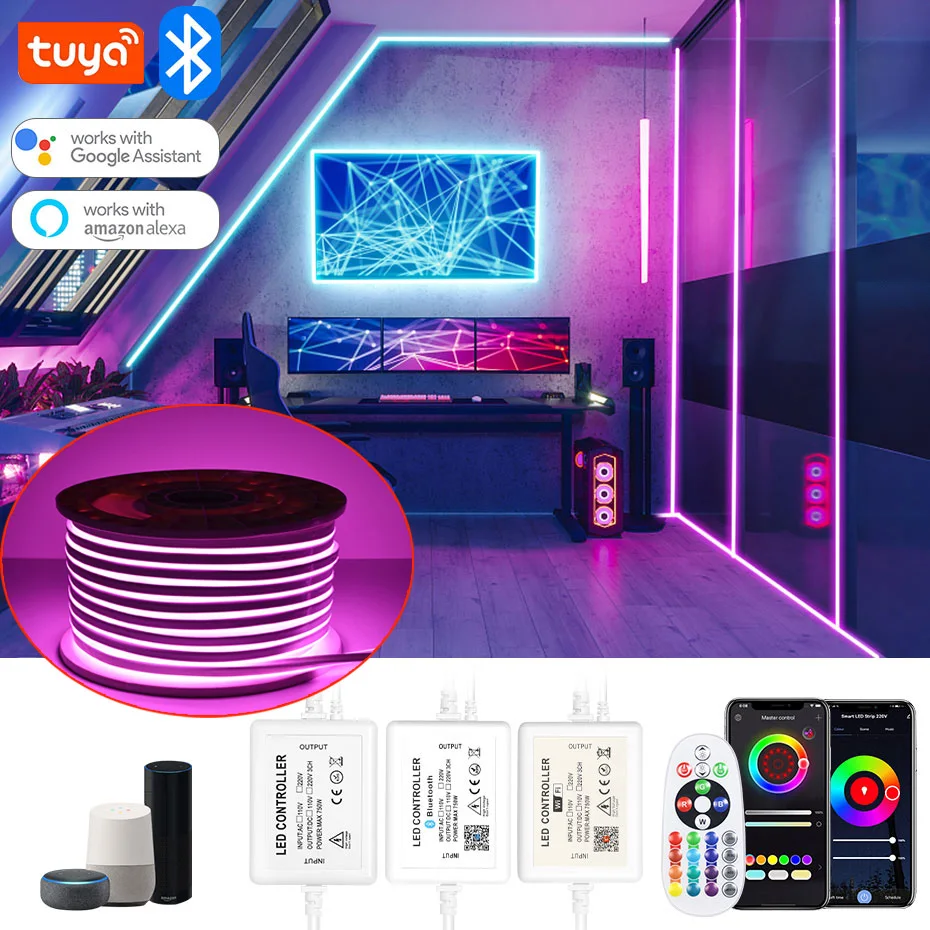 

Tuya Smart RGB LED Neon Strip Light AC 220V Remote Control RGB Tape Dimmable Flexible Ribbon Waterproof For Outdoor Lighting