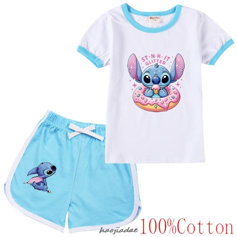 Children Lilo And Stitch Sports Clothes Suit Fashion Casual Shrot Sleeve T-shirt  +Shorts Cartoons Girls Boys 2Pcs Sets Summer