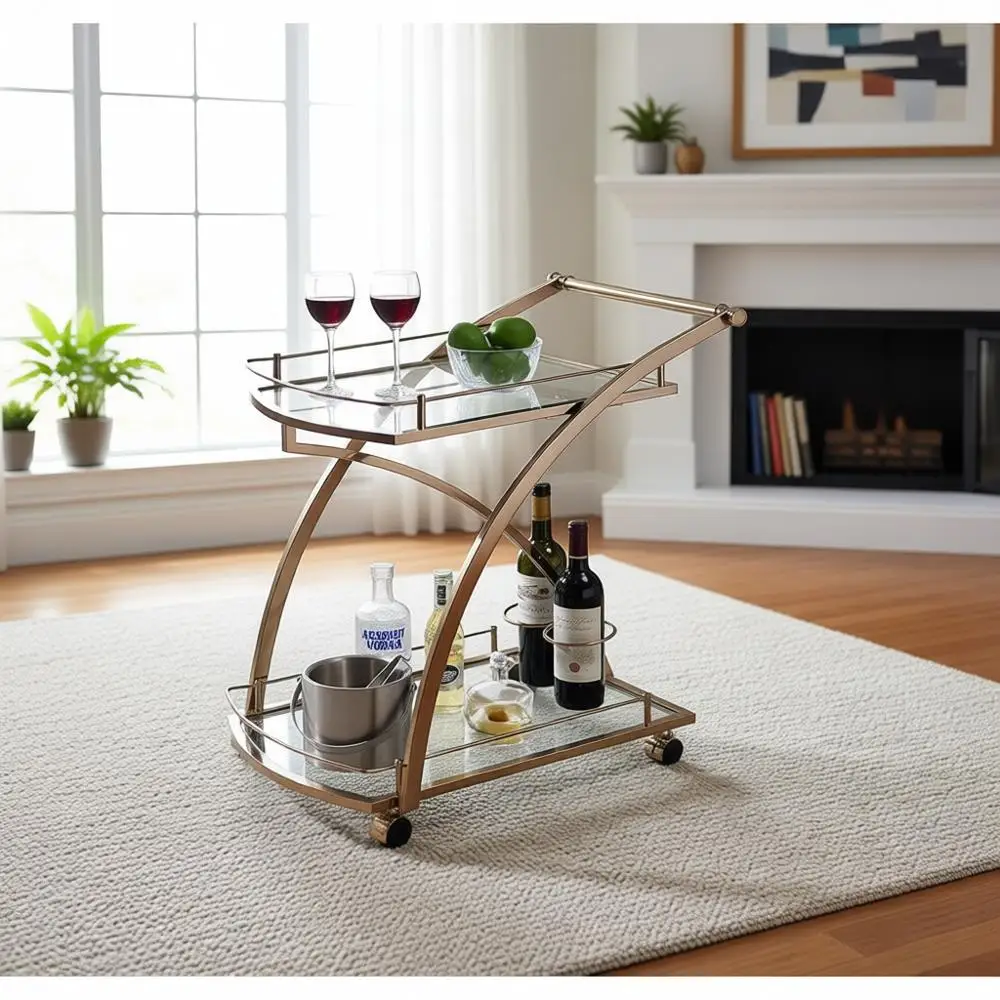 

2-Tier Glass Top Rolling Kitchen Cart, Gold, for Home Living Room and Kitchen Use