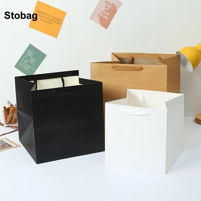 

StoBag 12pcs Kraft Paper White Black Gift Packaging Tote Bag Cake Candy Cookies Present Baking Favors Party Birthday Holiday