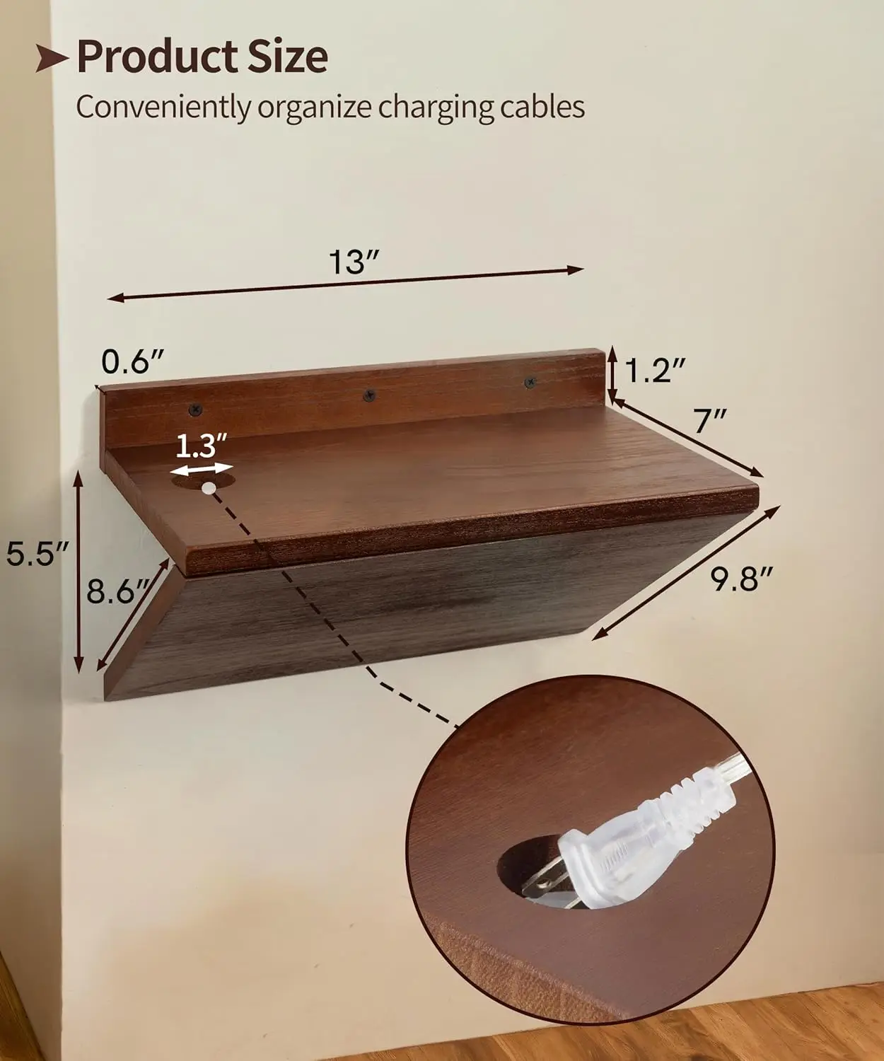 

Floating Nightstand, Walnut Wood Floating Bedside Table Z-Shape Wall Mounted Nightstand Small Hanging Night Stands For Bedroom
