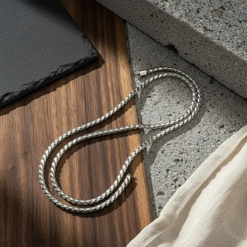 Men Stainless Steel Dragon Bone Chain Necklace, Twisted Scale Round Hammer Chain Integrated Snap Fastener Neckwear
