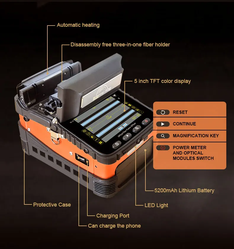 AI-6C signal light multilingual FTTH fiber optic splicer built-in optical power meter and VFL 5.0