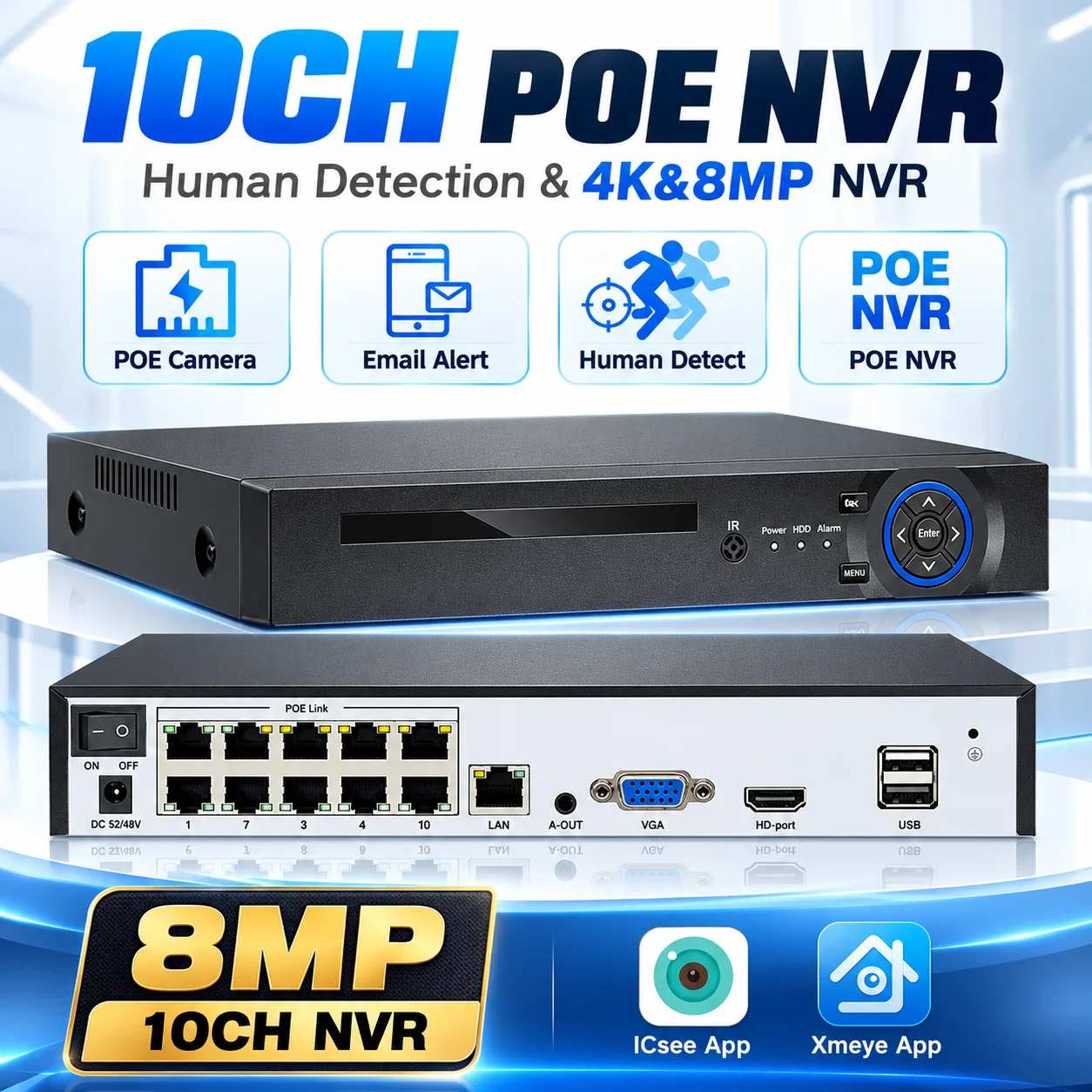 Xmeye App 10CH PoE NVR 8MP IP Camera Recording 4K Video Surveillance System Smart Human Detection Email Alerts HDMI VGA Output