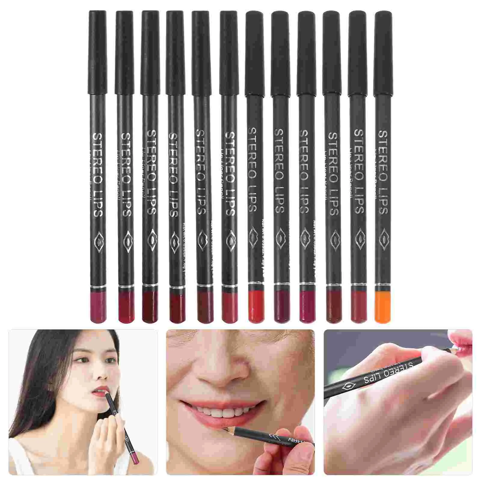 12-delige natuurlijke lipliner zwarte stok make-up accessoire waterbestendig potlood kleurpotloden