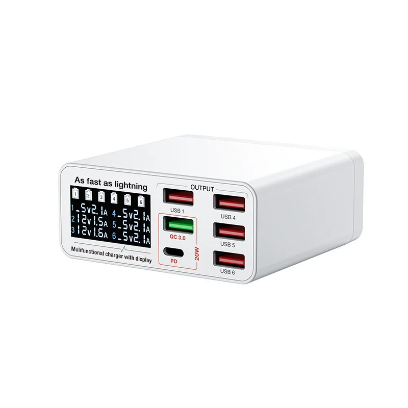896X 6-port USB Charger With LCD Display Fast Charger USB Smart Fast Charging for Mobile Phones/Tablets/Laptops Charger