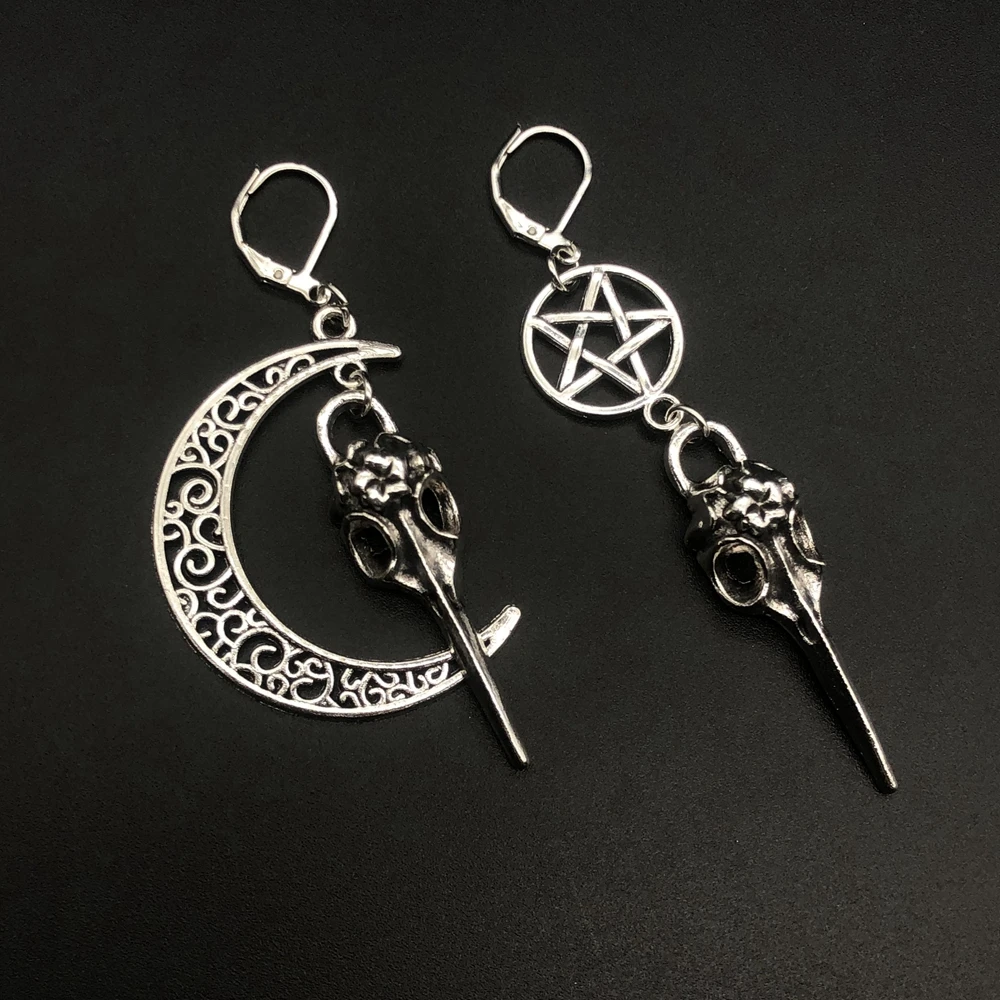 Vintage Asymmetric Earrings Crow Skull Earring Pentagram Moon Witchy Crescent Moon Earrings,Wiccan Goth Pagan,Steampunk Jewelry