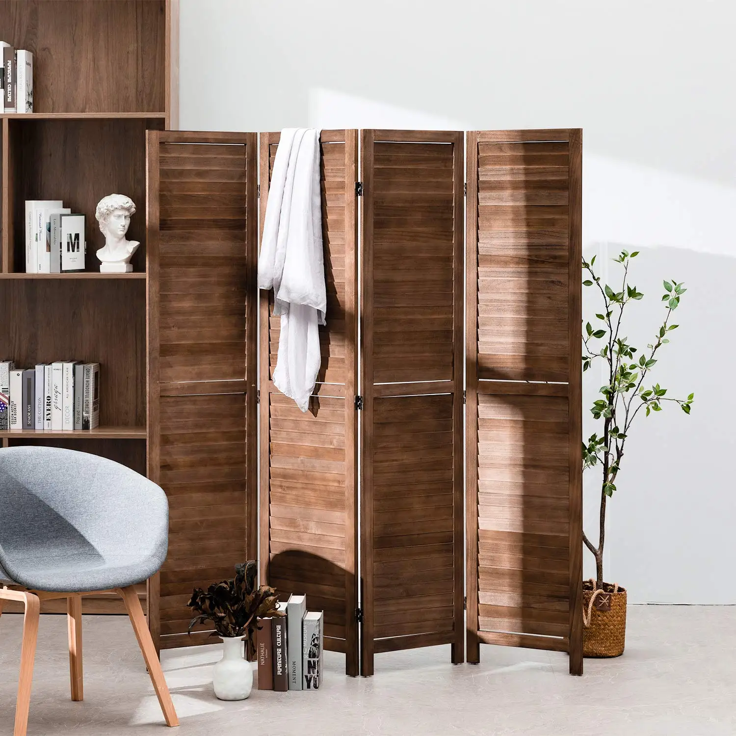 

Room Divider Partition 4 Panel Privacy Screen 5.7FT Folding Screen Wood Frame Screen for Home Office Bedroom，Brown