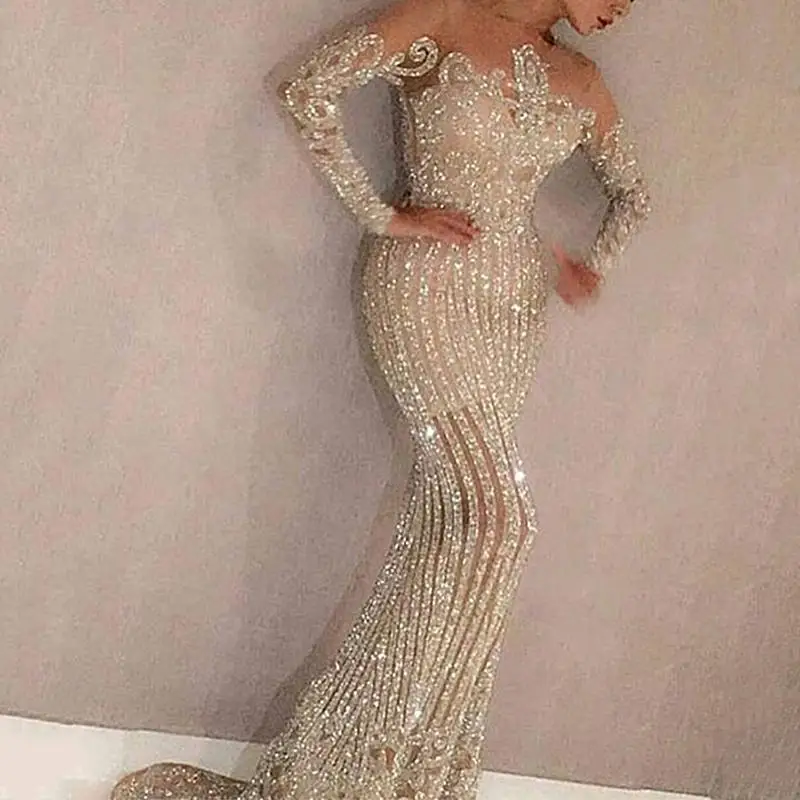 Luxury Women Golden Sequined Prom Dress Classic Long Sleeves Bodycon Party Dress Elegant Mermaid Formal Occasion Evening Dress