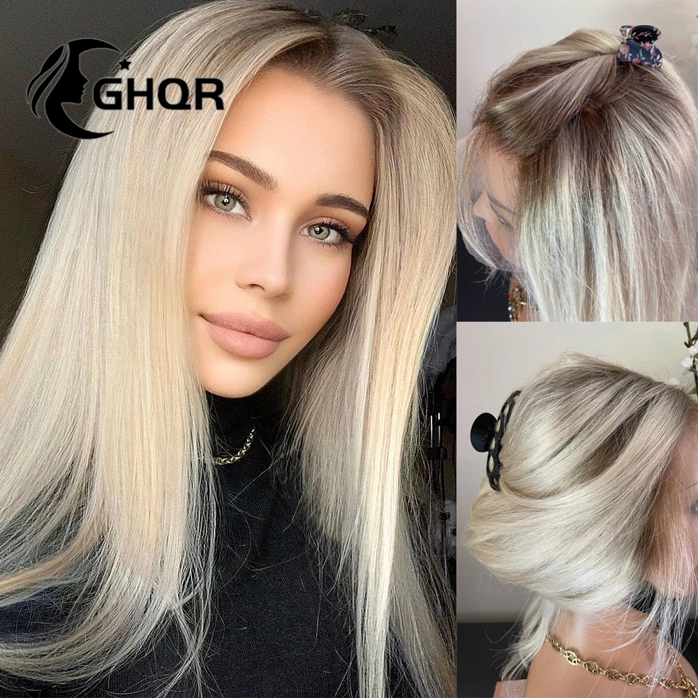 Ombre Blonde Lace Front Wig Human Hair 613 Colored Wigs Brown roots Woman Long Straight Brazilian Transparent 13x6 lace Frontal