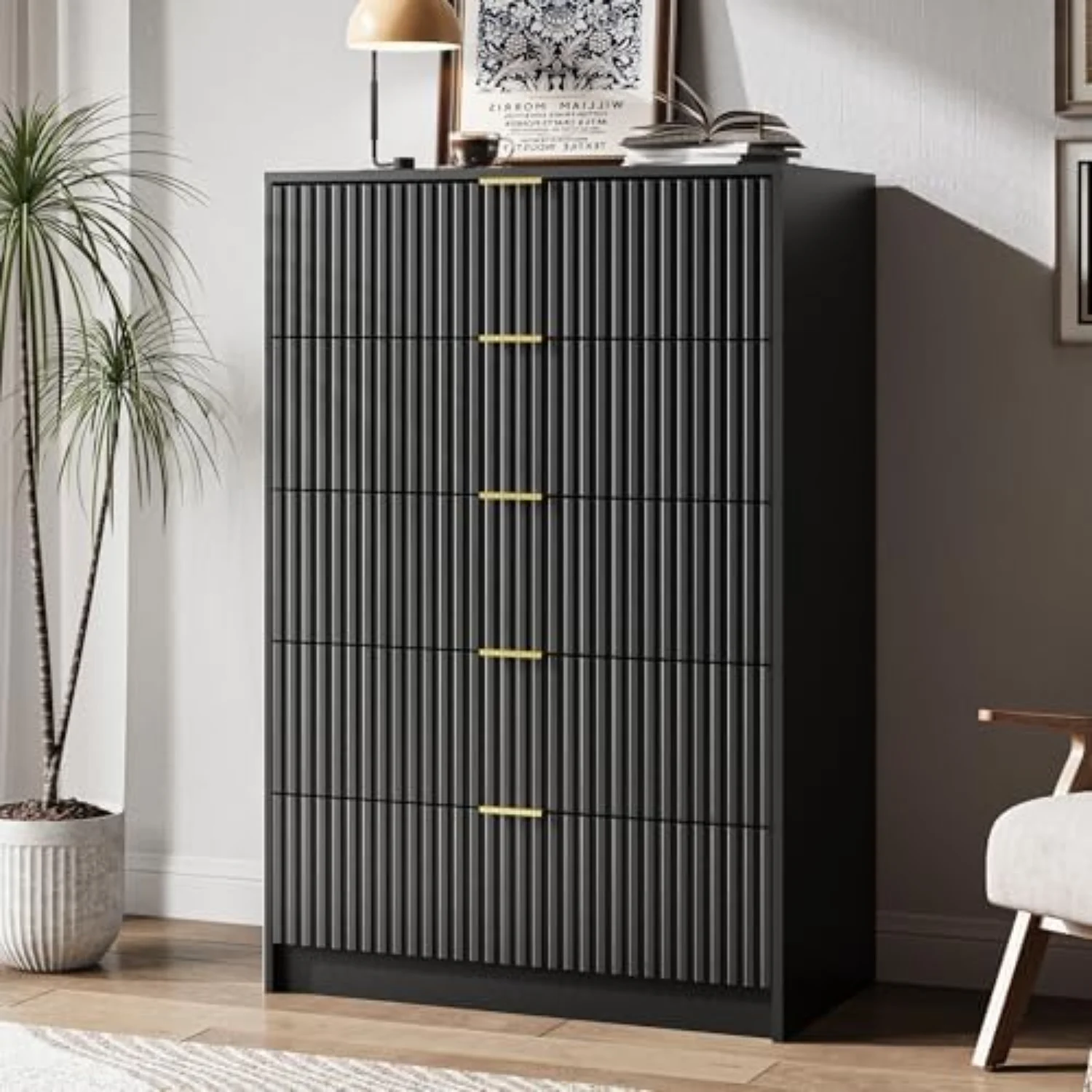 5 Drawer Dresser for Bedroom, Tall Dresser Chest of Drawers with Gold Handles, 32 Inch Wide Nightstand with for