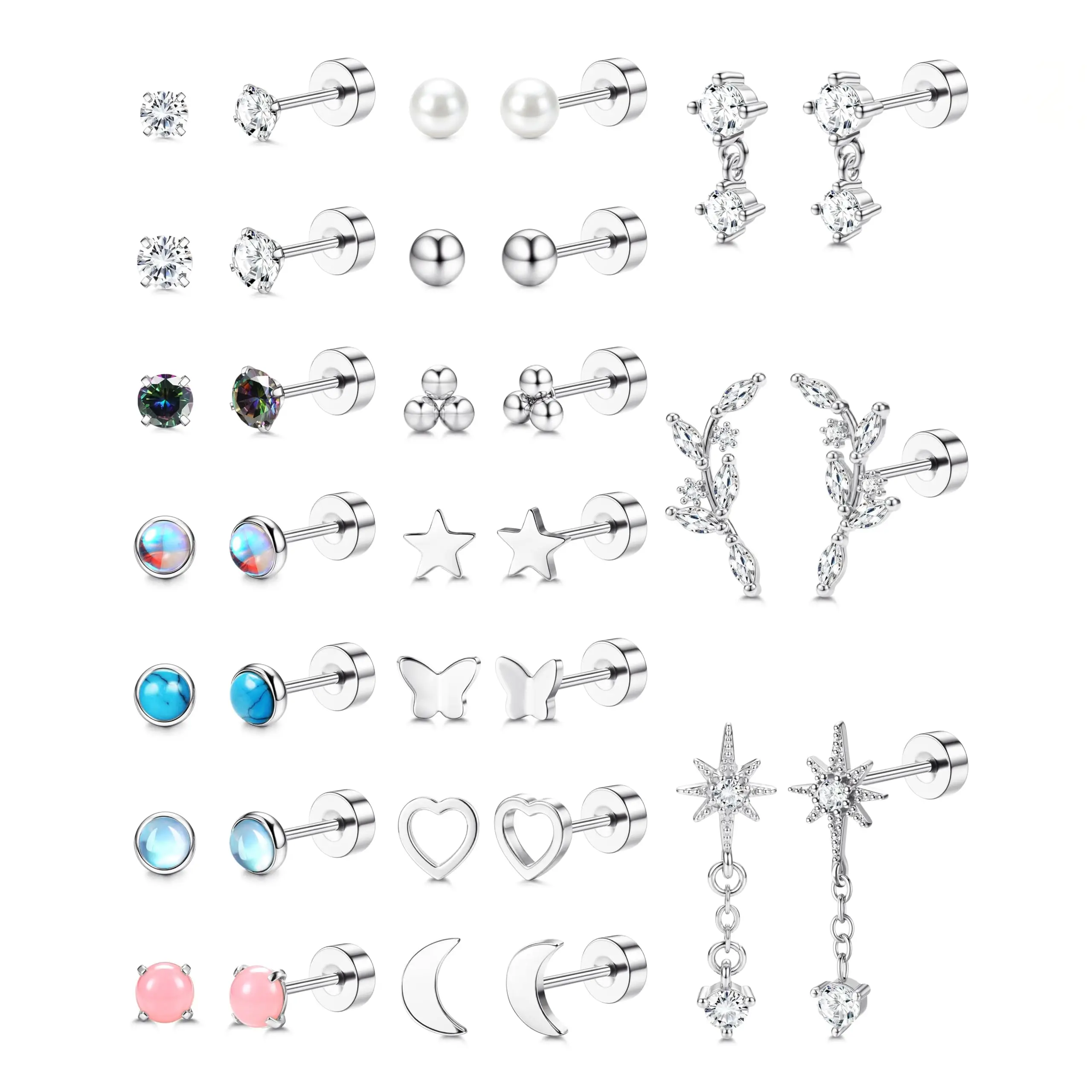 Bobisty 2 Piece Flat Back Earrings Surgical Steel Earrings for Women Dangle Small Stud Earrings Cartilage Helix Piercing Jewelry