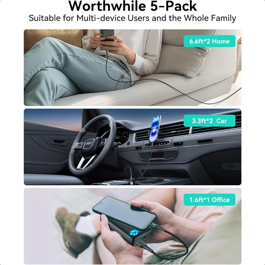 كابل USB C 5 عبوات [1.6 3.3 6.6 قدم] 3.1A شحن سريع من النوع C سلك نايلون مضفر USB A إلى كابل شاحن هاتف USBC لهاتف iPhone 16