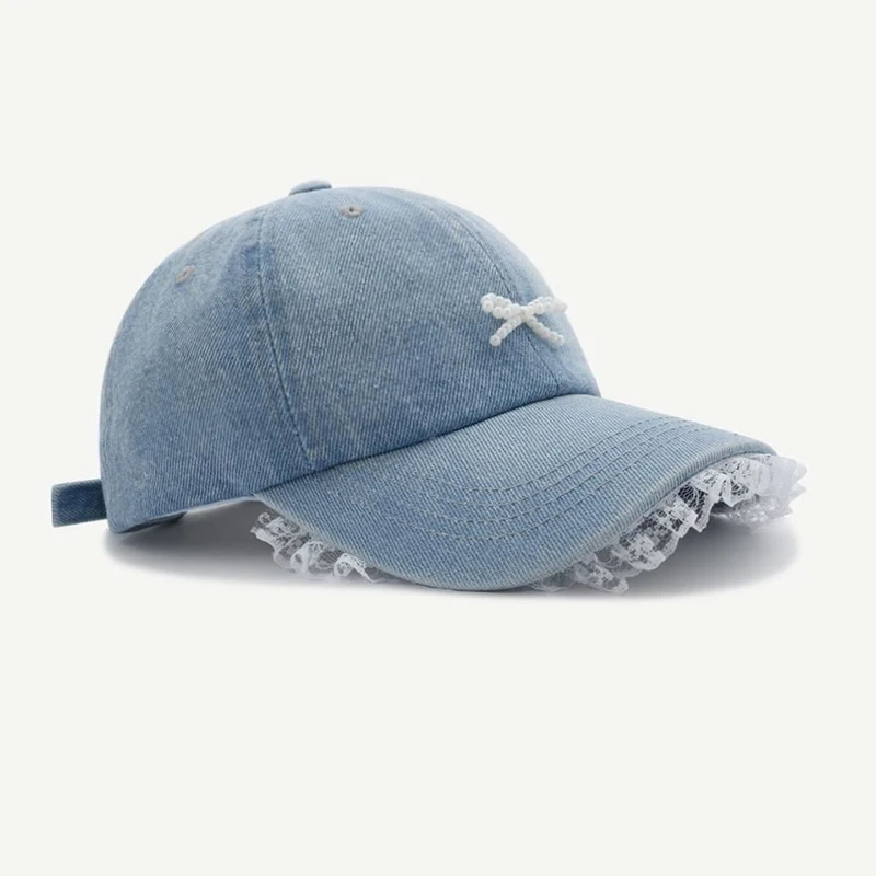 Berretto da Baseball con fiocco di perle carino da donna cappello sportivo dolce di moda all'aperto versione coreana del cappello estivo con berretto da Baseball in Denim di pizzo di nicchia