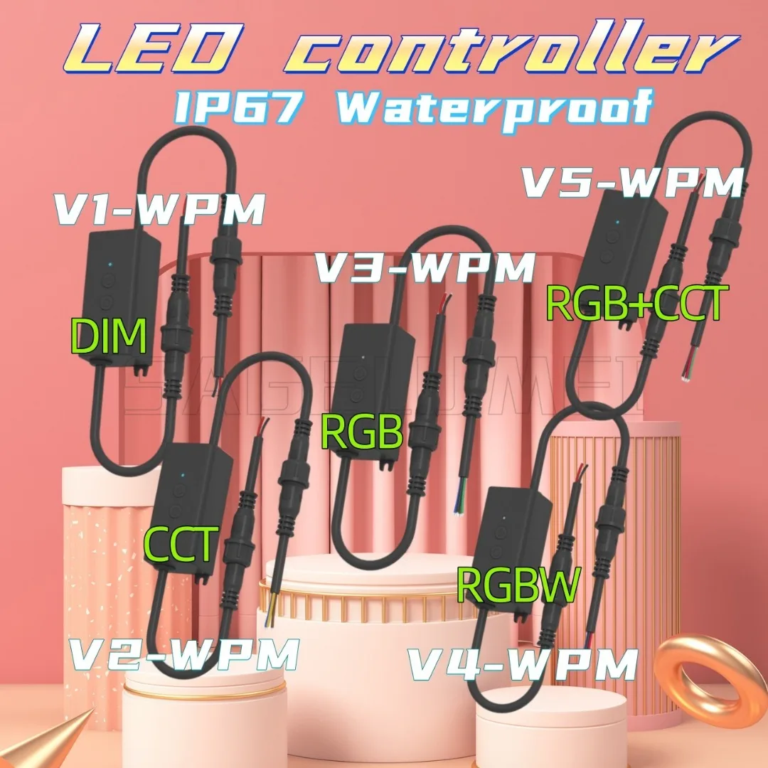 V1/2/3/4/5-WPM 12-24VDC IP67 2-Button Waterproof Controller 1CH*5A/2CH*3A/3CH*1.5A/4CH*1A/5CH*1A dimmable CCT RGB RGBW RGB+CCT