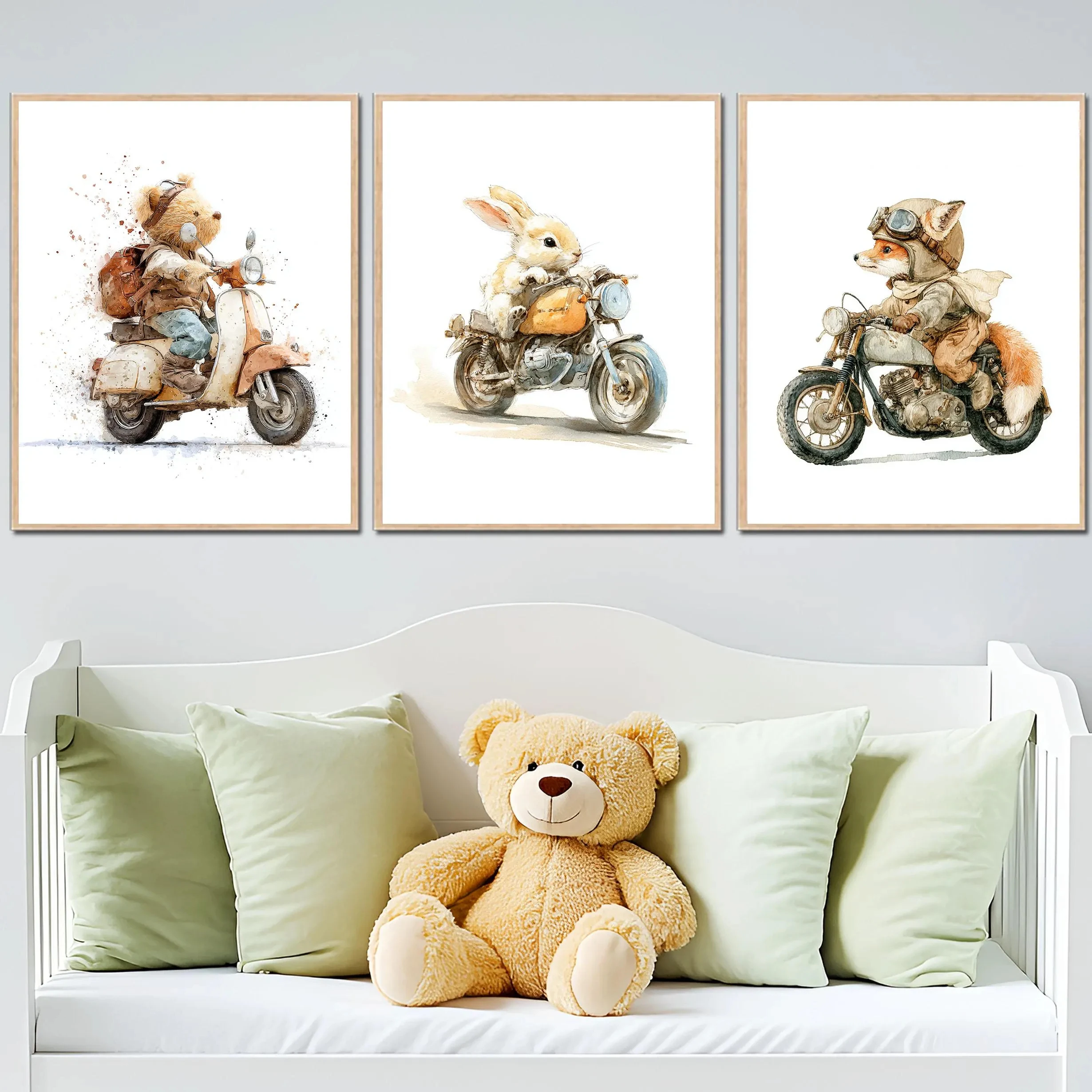 Modern Animal Motorcycle Poster Print Cartoon Rabbit Bear Fox Frameless Canvas Art Kids' Room Nursery Home Decor Gift
