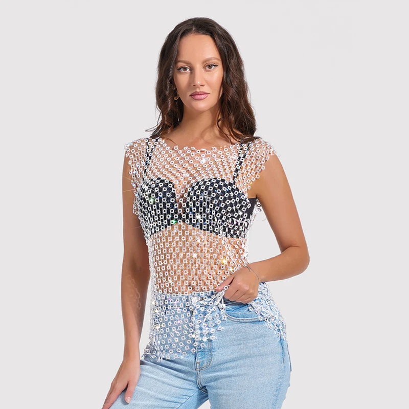 Damen-Top mit glitzerndem Strass-Mesh-Muster, durchsichtiges Pailletten-Oberteil, Nachtclub-Party-Festival-Outfits für heiße Mädchen, футболка женская Y2K – Detail 2