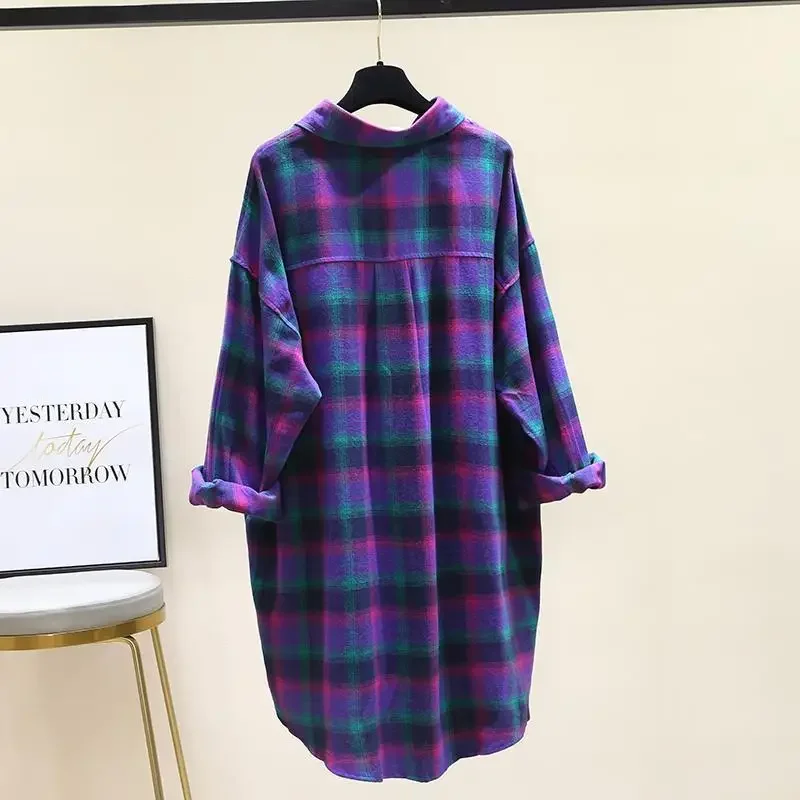 Fashion Women\'s Blouses Contrasting Colors Plaid Polo-Neck Shirt Female 2024 Autumn Loose Long Sleeve Casual Pockets Tops ZL328