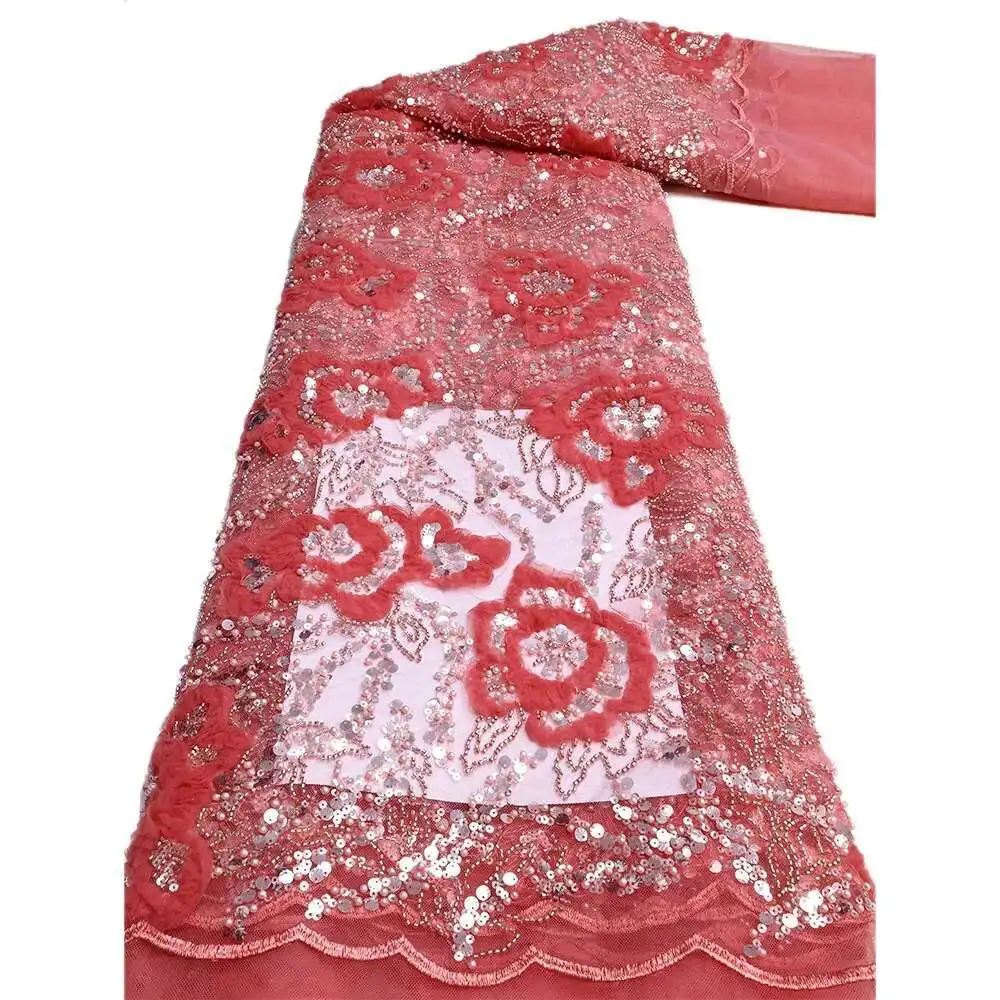 Tessuto africano con paillettes Ricamo da sposo di alta qualità con perline Materiale di pizzo tulle francese nigeriano per abiti da sposa Caldo