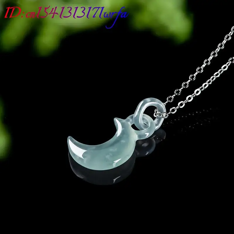 Blue Myanmar Jadeite Moon Pendant Necklace Carved Amulet Burmese Jade 925 Silver Designer Vintage Gifts for Women Real Jewelry