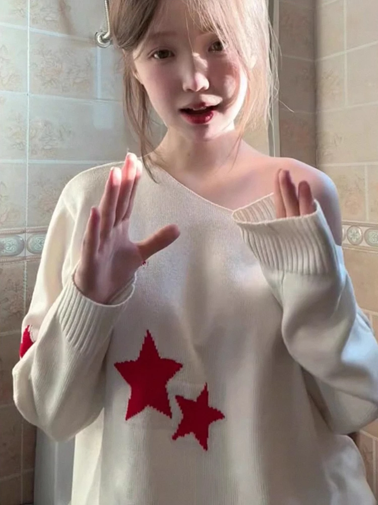 

Sexy Spicy Girl Diagonal oulder Star Print Long Sve Knitted Sweater Women's Loose Overhead White Top Autumn Elegance