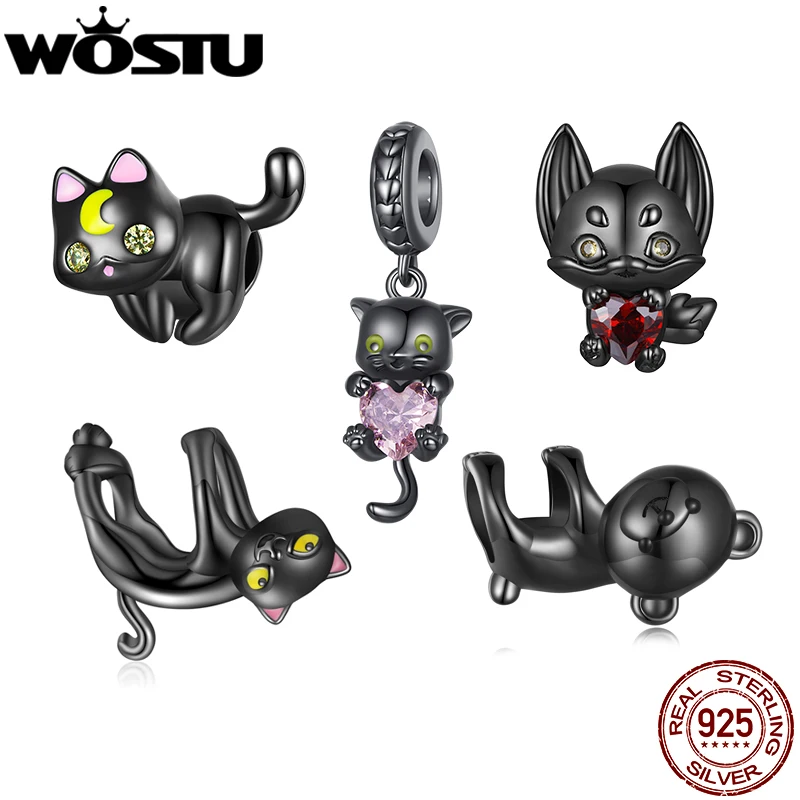 WOSTU 925 Sterling Silver Black Moon Cat Beads Diablo Series Piranha Flower Charms Fit Orignal Bracelet Necklace Jewelry Making