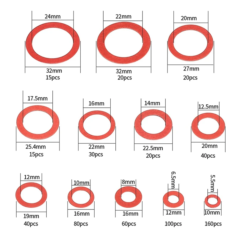 Kit de rondelle plate en fibre de papier en acier rouge, kit assressenti, joint à anneau plat, WieshammKit, 12 tailles, 600 pièces