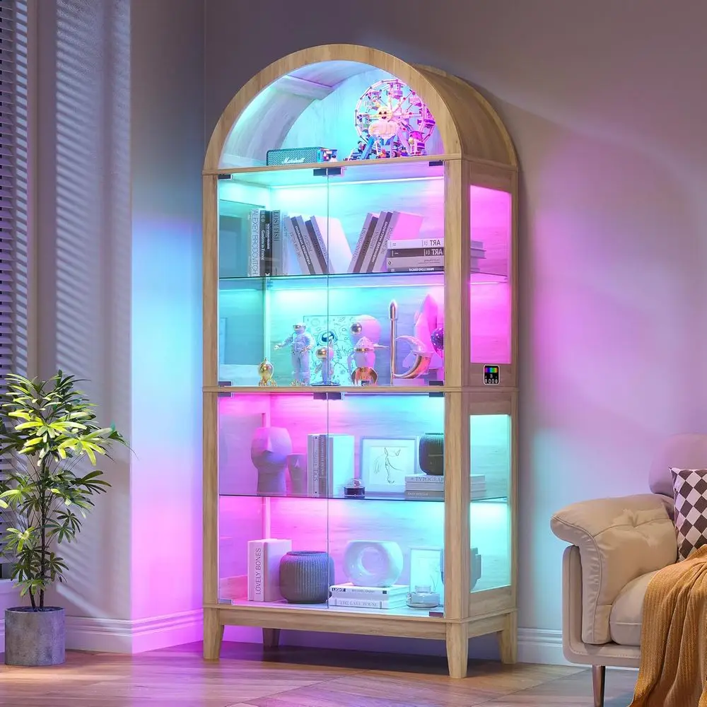 

69 Tall 5-Tier Tempered Glass Display Cabinet with RGB Lighting, Floor Standing Bookcase for Living Room (Natural)