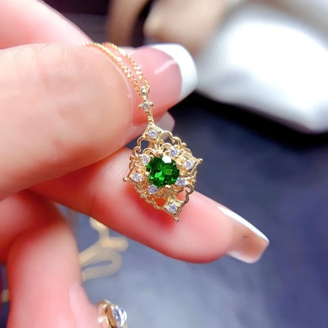 

Natural Diopside Pendant 925 Sterling Silver for Women Jewelry Round Green Gemstone 5*5mm Silver Necklace