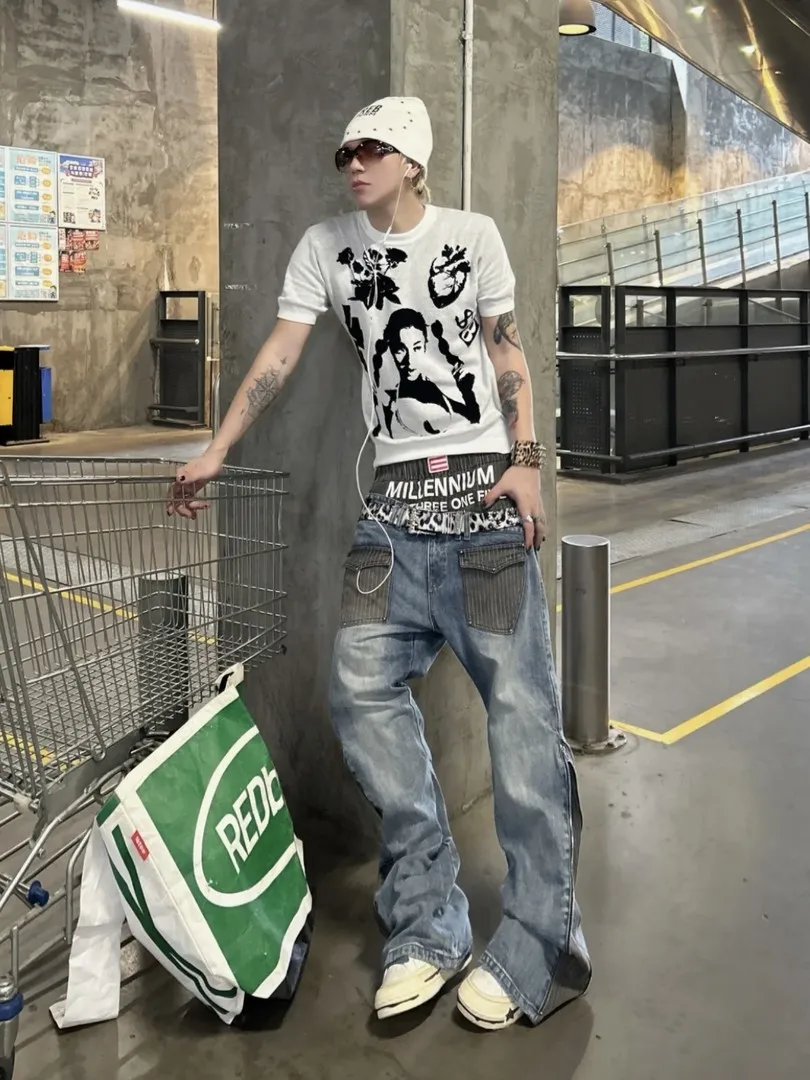 Washed Denim Jeans Men's Loose Fit Double Waist Oblique Splice Baggy Long Trousers Street Style 2026 Autumn Season