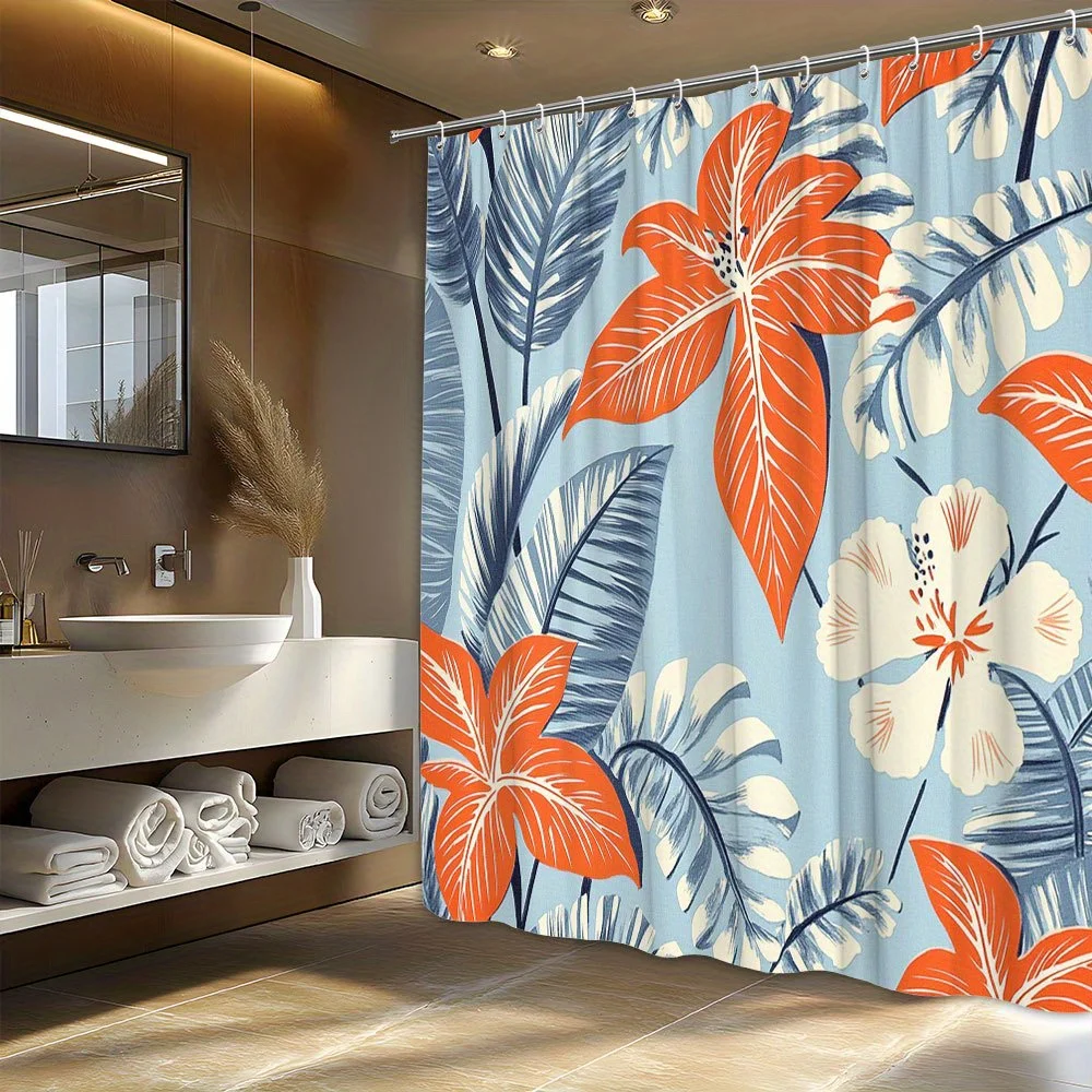 

1 шт. Занавеска для душа с тропическими лилиями — яркие оранжевые лилии и кремовый гибискус на голубом цвете с синими листьями, 70x70 дюймов,