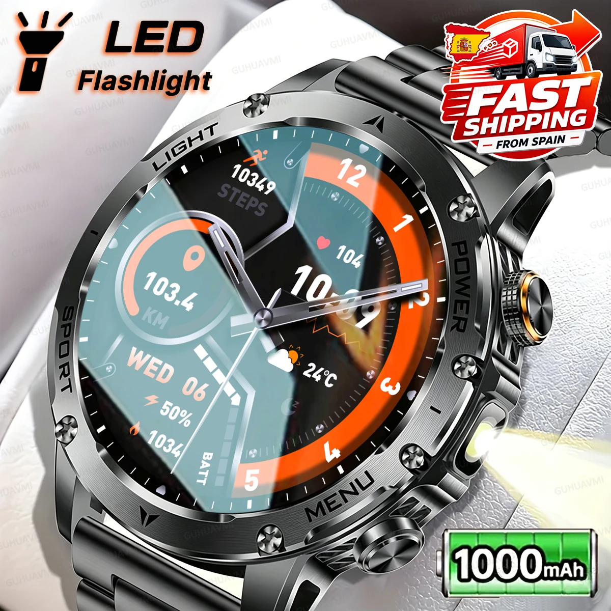 2026 Nouvelle 1000mAh grande batterie montre intelligente 1,7 pouces écran HD Bluetooth appel tactiques sauvages LED lampe de poche IP68 imperméable à l'eau en plein air nage, course, vélo, montre de remise en forme