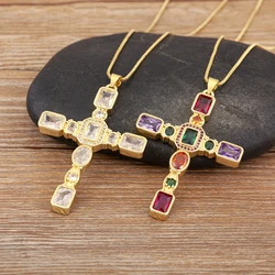 Nidin Hot Sale Religious Style Cross Pendant Necklace For Female Male Copper Pave White/Colorful Zircon Chain Link Jewelry Gifts