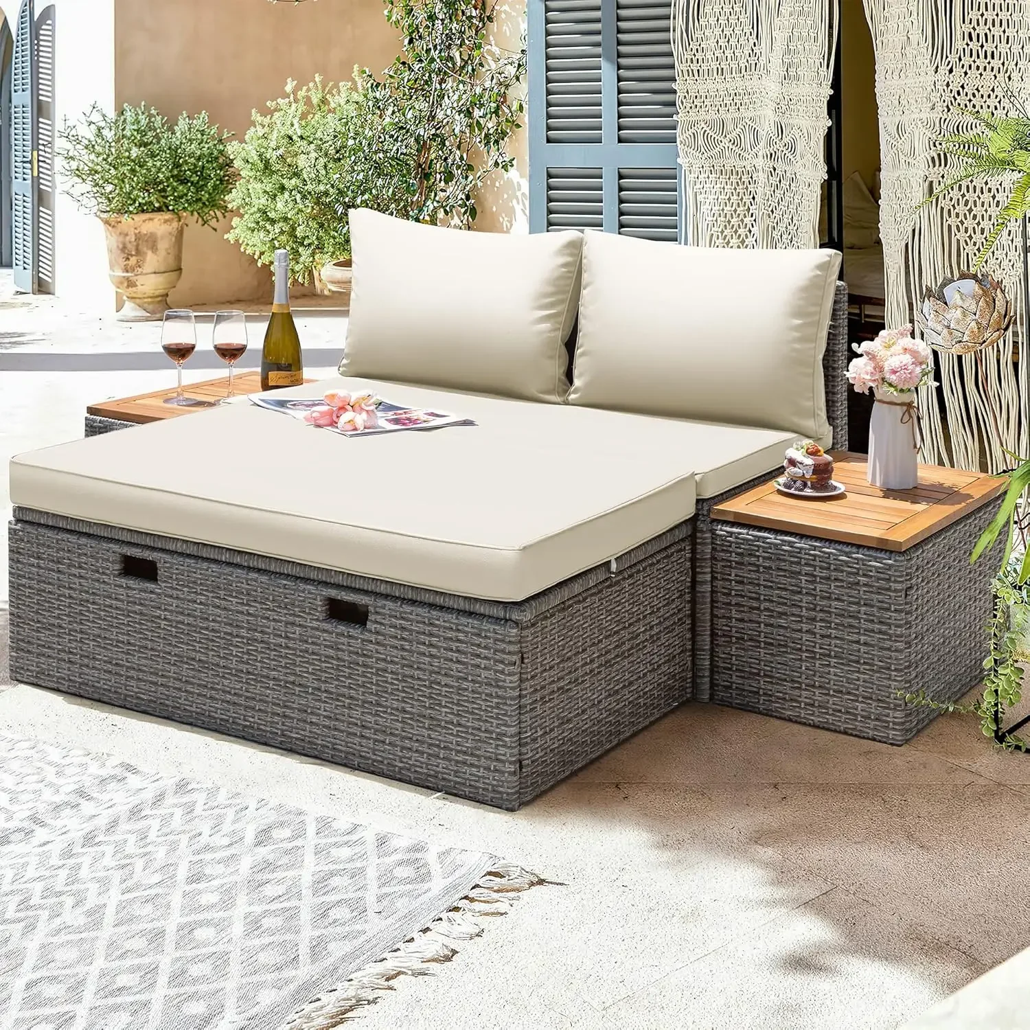 Patio Furniture Set Multifunctional Outdoor Sectional Sofa Rattan Chaise Lounge Daybed withCushions Storage Ottoman Side Tables