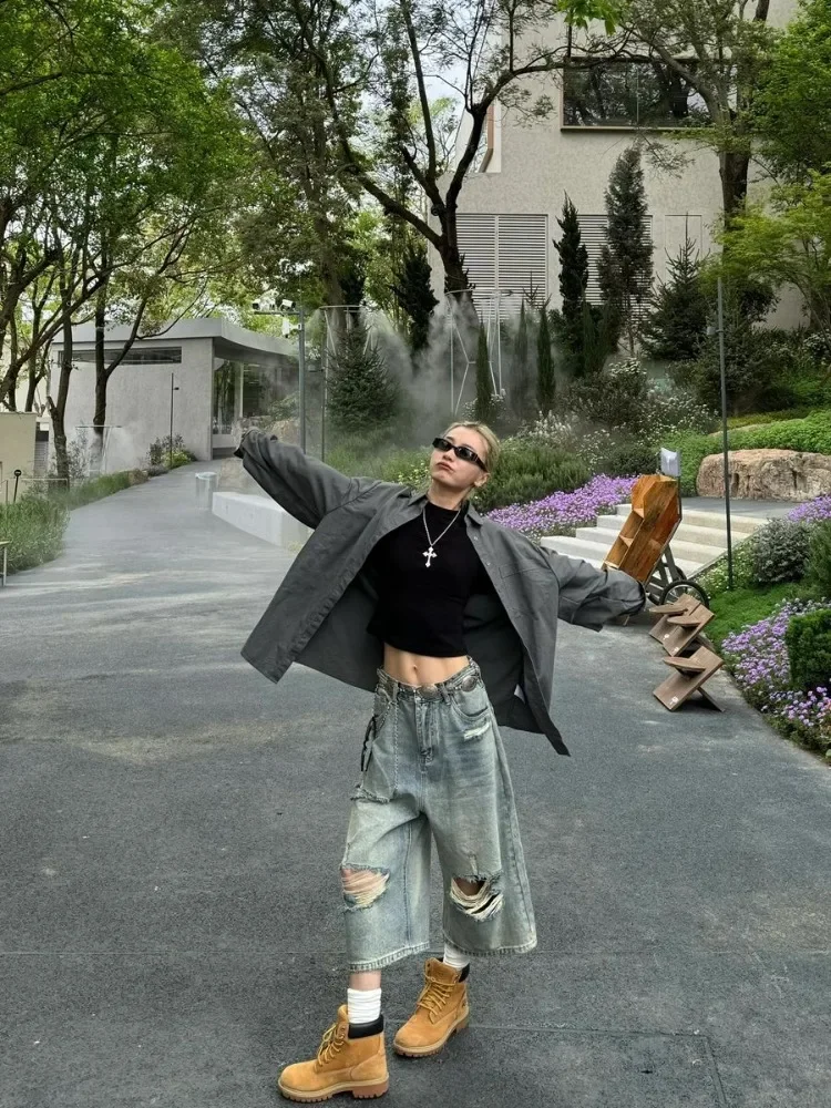 Vintage Blue Ripped Short Jeans Women Oversized Distressed Jorts Y2k Grunge Baggy Boyfriend Denim Shorts Wide Streetwear